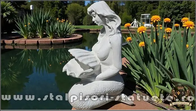 Statueta sirena cu scoica, alb, model S49.