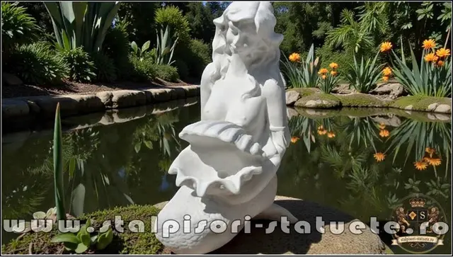 Statueta sirena cu scoica, alb, model S49.