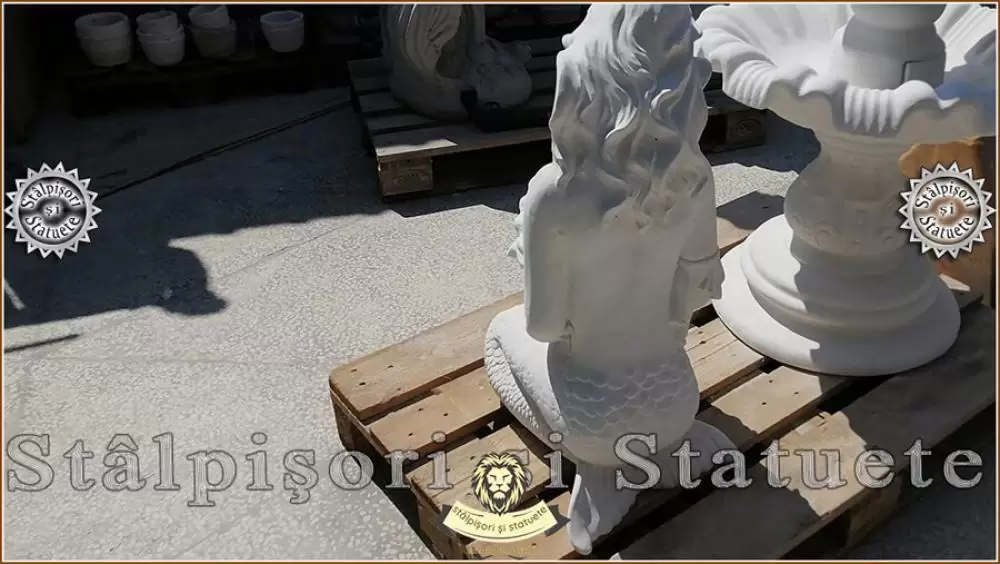 Statueta sirena cu scoica, alb marmorat, model S49. - 5