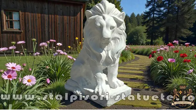 Statueta leu in sezut, alb marmorat, model S46.