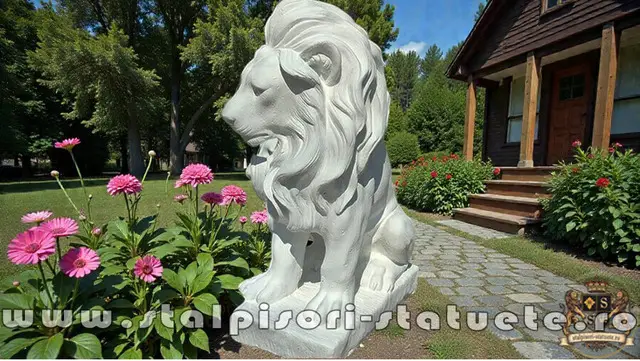 Statueta leu in sezut, alb marmorat, model S46.