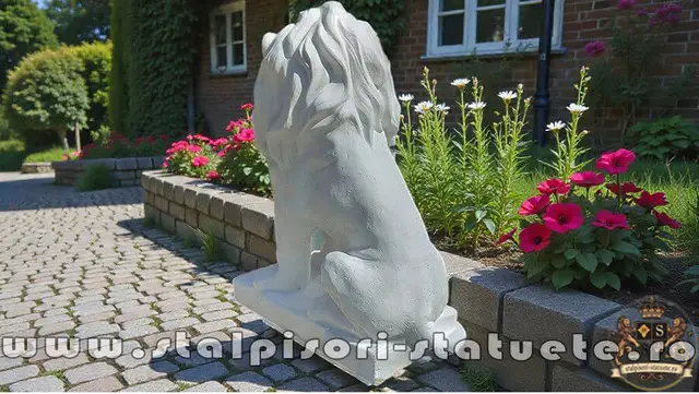 Statueta leu in sezut, alb marmorat, model S46.