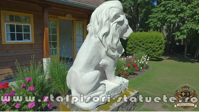 Statueta leu in sezut, alb marmorat, model S46.