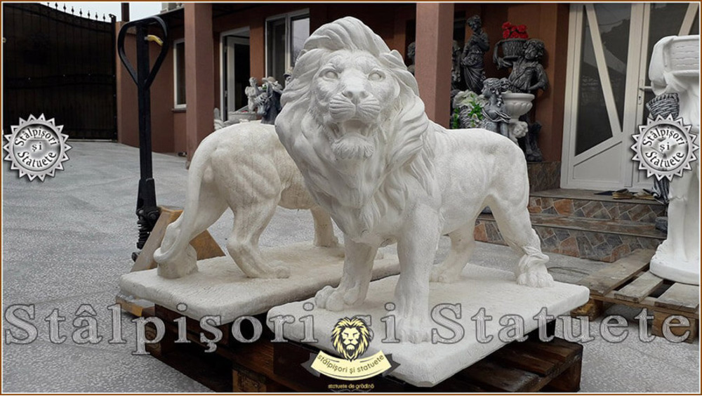 Statueta leu mare in picioare, alb marmorat, model S33. - 1