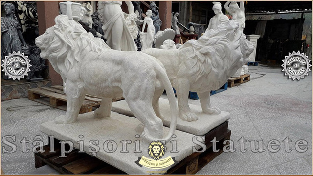 Statueta leu mare in picioare, alb marmorat, model S33. - Imagine 2