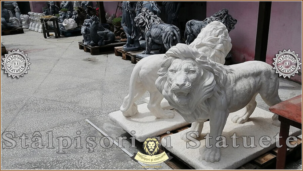 Statueta leu mare in picioare, alb marmorat, model S33. - 4