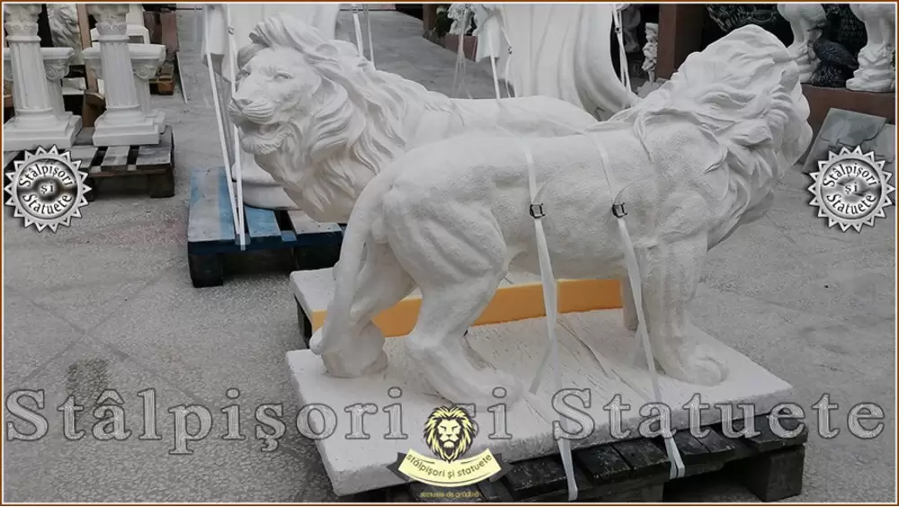 Statueta leu mare in picioare, alb marmorat, model S33. - 5