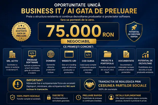 SRL IT + software, domenii, portofoliu 75.000 RON neg.